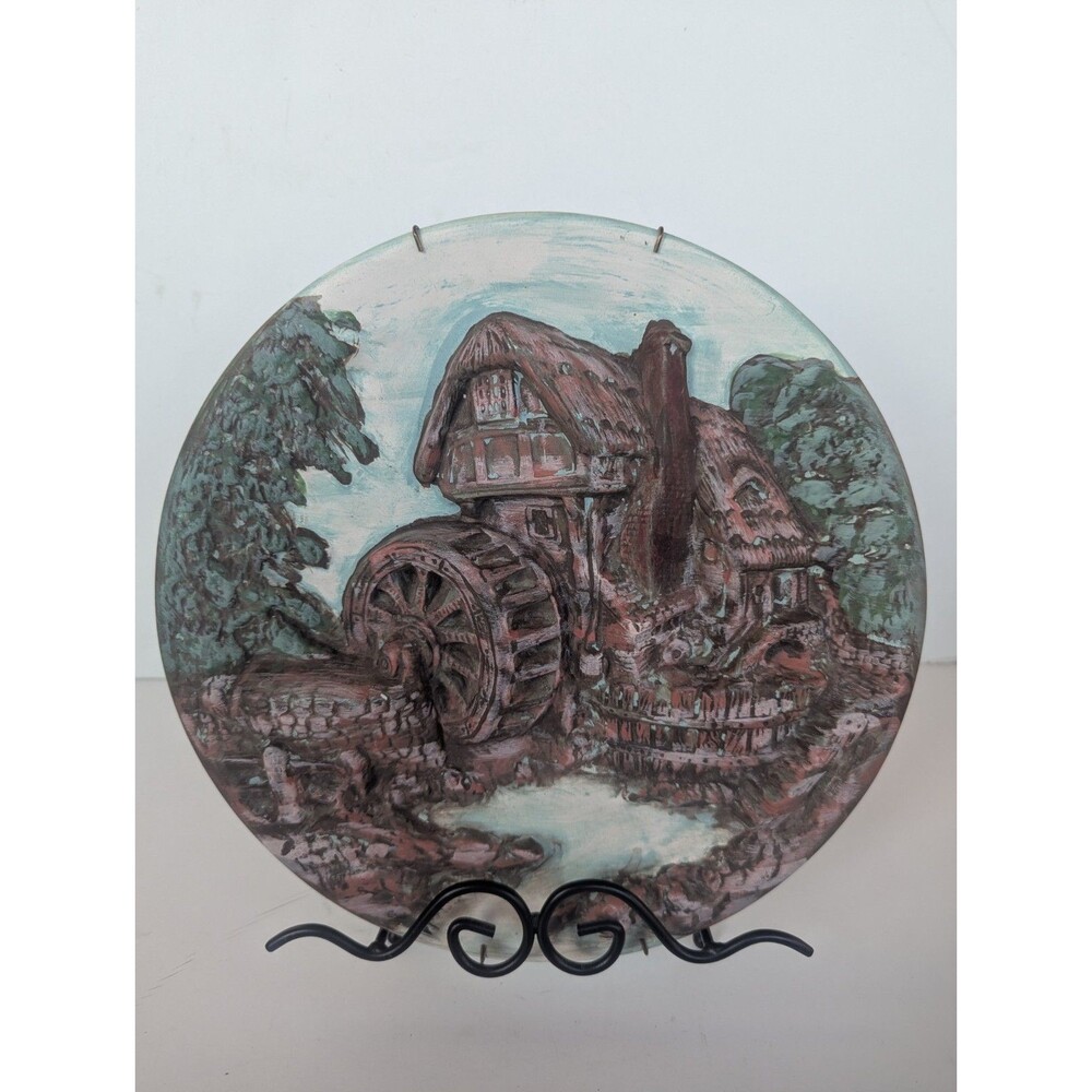 Vintage 70 s Ceramic 3D Decorative Plate Wall Art Mill Cottage House 10.5"